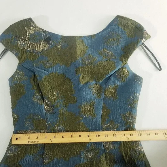 Vera Wang Brocade Dress Women Size 6 Dark Teal Green Metallic V-cut Back Lined - Picture 7 of 16